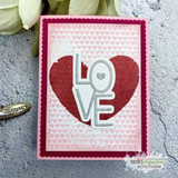 Pink heart-print card with a white die-cut LOVE over a deep red solid heart panel.