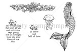 Black and white stamp sheet with a long-tailed mermaid, a jellyfish, a floral shell and starfish arrangement, and the sentiments 'She is brave and full of love' and 'She saw everything for what it was and still she kept going.'