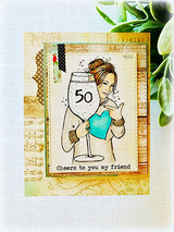 Woman hugging a large wine glass marked '50,' 'Cheers to you my friend,' on a music-print card.