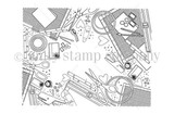 Crafty Supplies {border backgrounds} red rubber background stamp from Unity Stamp Co — a full A2 border-background stamp packed with craft supplies — scissors, tape, pens, paint and hearts — shown on the black-line stamp sheet.