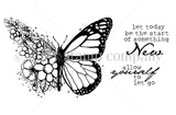Allow Yourself red rubber stamp set in line art: a butterfly whose left wing dissolves into flowers and circles while the right wing keeps its monarch pattern, beside the sentiments “allow yourself to let go” and “let today be the start of something New.” Illustrated by Angie Blom.