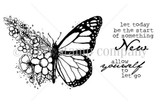 Allow Yourself red rubber stamp set in line art: a butterfly whose left wing dissolves into flowers and circles while the right wing keeps its monarch pattern, beside the sentiments “allow yourself to let go” and “let today be the start of something New.” Illustrated by Angie Blom.