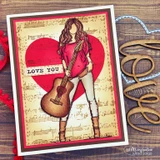 Vintage music-sheet card of the guitar girl over a big red heart, sentiment 'LOVE YOU.'