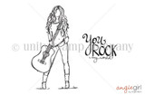 Line-art stamp of a long-haired girl posing with an electric guitar beside the hand-lettered sentiment 'you ROCK my world.'