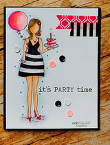 Grey card with black and hot pink accents, the girl coloured in a black and white striped dress with a pink balloon and a pink slice of cake, and the sentiment "it's PARTY time" below her.
