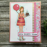 Floral and striped card on weathered wood, the girl in a pink and coral striped dress with a pink balloon and chocolate cake, with "it's PARTY time" stamped on a white strip.