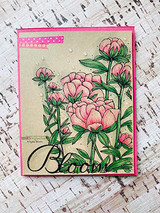 Card with the peony spray colored in soft pink over a kraft panel, stamped 'Bloom.'