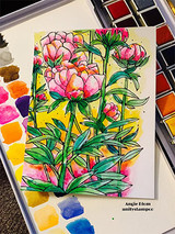 Bright card with the peony spray in pinks and greens over a sunny wash.