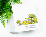Clean card with the peonies stamped in yellow line-work, finished with 'wishing you lots of love and happiness.'