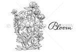 Red rubber stamp of a tall spray of peony flowers in full bloom with leaves and stems, paired with a script 'Bloom' sentiment.