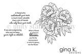 The Friendship Blooms red rubber stamp set shown as line art: a peony bouquet with heartfelt friendship sentiments, by Gina K. Designs.