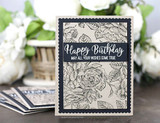 Card with the black rose background framing 'Happy Birthday, may all your wishes come true.'