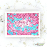 Card with the rose background in pink over turquoise, 'stay blessed.'