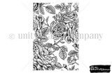 Red rubber background stamp of densely packed roses and leaves filling the panel.