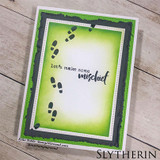Green framed card with footprints, 'let's make some mischief'
