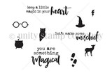 Red rubber magic-themed set with an owl, wizard hat, cauldron, glasses, lightning bolt and deer, with sentiments 'keep a little magic in your heart', 'let's make some mischief' and 'you are something magical'