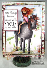 Card with a red-haired girl and horse in grass and 'hard things become easier with YOU by my side.'