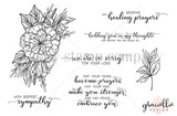 Black-and-white stamp set of a large flower and branch with sympathy sentiments including 'with deepest sympathy,' 'sending healing prayers' and 'we are so sorry for your loss.'