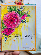 Card with a pink flower over yellow watercolor and 'we are so sorry for your loss.'