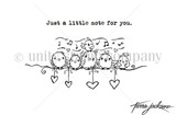Line-art stamp of a row of little birds on a wire with hearts and 'Just a little note for you'.