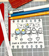 Row of little birds on a wire with hearts on a grey-print card, 'Just a little note for you'.