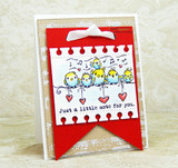 Yellow and blue birds on a wire on a red-and-kraft card, 'Just a little note for you'.