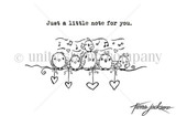 Line-art stamp of a row of little birds on a wire with hearts and 'Just a little note for you'.