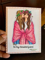 A peach card with the two friends wrapped in a pink blanket, colored in blonde and auburn, with the sentiment 'to my cherished friend' below.