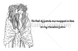 The Cherished Friends stamp sheet: two friends standing close and wrapped in a single blanket with flower crowns in their hair, beside the sentiments 'the best of friends are wrapped in love' and 'to my cherished friend'.