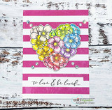 Hot pink and white striped card with the floral heart colored in pastel yellow, pink, blue and lilac blooms, gems scattered around and to love and be loved... at the bottom.