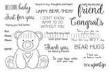 Baby Bear Hugs FRONT & CENTER red rubber stamp set: a sitting teddy bear with a heart on its chest surrounded by sentiments like 'Welcome baby', 'Happy Bear-thday', 'Bear Hugs', 'Congrats', 'Just for you' and 'Thank you so bear-y much'.