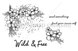 Line art of the Soul Searching stamp set: a distressed cherry blossom corner spray with ink splatter, a single small blossom, and sentiments reading Wild and Free, soul searching, and find your inner self.