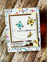 Sketchy-style kitten and butterfly red rubber stamps by Lisa Glanz reading 'thanks for believing in me,' shown on a handmade encouragement card.