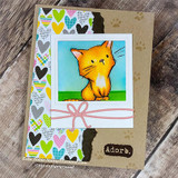 Sketchy-style kitten and butterfly red rubber stamps by Lisa Glanz reading 'thanks for believing in me,' shown on a handmade encouragement card.