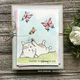 Sketchy-style kitten and butterfly red rubber stamps by Lisa Glanz reading 'thanks for believing in me,' shown on a handmade encouragement card.