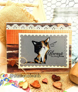 Sketchy-style kitten and butterfly red rubber stamps by Lisa Glanz reading 'thanks for believing in me,' shown on a handmade encouragement card.