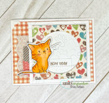 Sketchy-style kitten and butterfly red rubber stamps by Lisa Glanz reading 'thanks for believing in me,' shown on a handmade encouragement card.