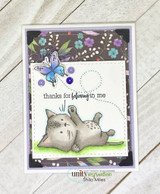 Sketchy-style kitten and butterfly red rubber stamps by Lisa Glanz reading 'thanks for believing in me,' shown on a handmade encouragement card.