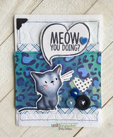 Sketchy-style kitten and butterfly red rubber stamps by Lisa Glanz reading 'thanks for believing in me,' shown on a handmade encouragement card.