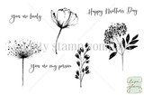Black-and-white stamp set of loose sketch-style flowers and branches with 'you are lovely,' 'you are my person' and 'Happy Mother's Day.'