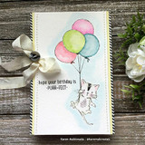 Card with the kitty on pastel balloons with ribbon, 'hope your birthday is purr-fect.'