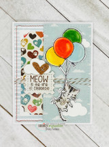 Card with the kitty on balloons over a heart-print panel, 'MEOW is the time to celebrate.'