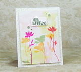 Soft marbled card with the wildflowers inked in pink, coral and gold on a white panel, topped with a 'HELLO SUNSHINE' sentiment from another set.