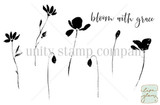 Prairie Blooms stamp sheet: eight loose, sketchy wildflower and poppy silhouettes on tall stems plus the sentiment 'bloom with grace'.