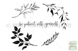 Line-art red rubber stamp of delicate leaf sprigs and branches with 'be patient with yourself.'