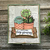 Vintage card with two potted succulents on book-page paper, stamped 'keep going, keep growing.'