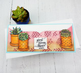 Slimline card with a row of potted succulents on a soft sunset wash, stamped 'grow, bloom, thrive always.'