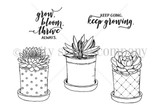 Red rubber stamp sheet of three potted succulents in patterned pots, with the sentiments 'grow, bloom, thrive always' and 'keep going, keep growing.'