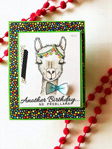 The festive llama with a floral crown and bow tie on a confetti-dot bordered card — 'Another Birthday.'