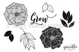 Always Growing red rubber stamp set from Unity Stamp Co, black line art of an outlined modern flower, a solid black silhouette flower, a branch with leaves, a leaf duo and a stem, beside the brush lettered word 'Grow'.